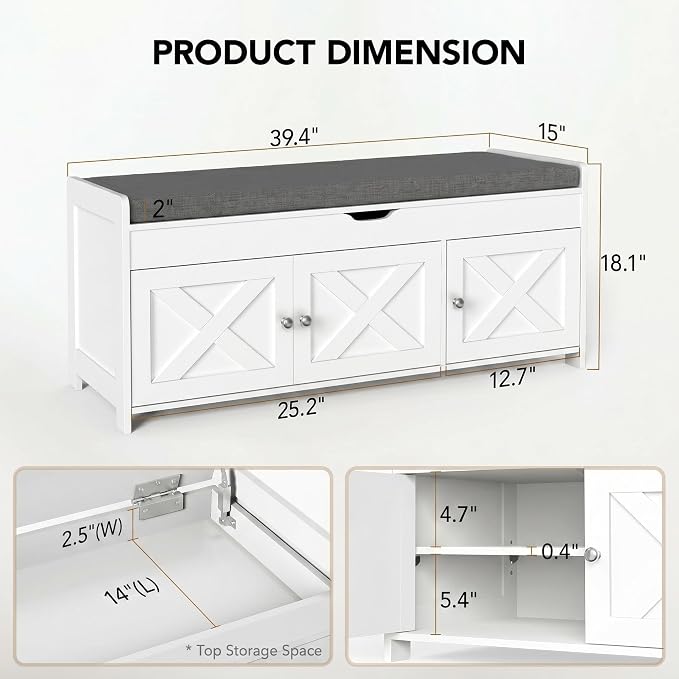 Marsail Shoe Storage Bench with Seating, Farmhouse Entryway Bench with Shoe Storage and Cushion, Under Window Benches Wooden Ottoman for Bedroom, Entry Way, Living Room, White