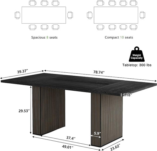 78 Inch Dining Table for 6 8 10, Modern Farmhouse Rectangular Kitchen Table, Dining Room Long Tables with Wood Strip Base for Kitchen Living Room (Black)
