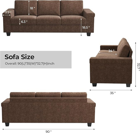COPIAE 3 Seater Sofa Couch with Deep Seat, 90" Modern Upholstered Sofa with Armrests, Easy Installation, Comfy Couches for Living Room, Apartment,Dark Brown