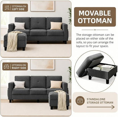 Convertible Sectional Sofa with Storage Ottoman, 77” L-Shaped 3-Seat Couch with Skin-Friendly Corduroy Fabric, Reversible Small Sectional for Small Space, Apartment, Living Room and Office(Dark Grey)