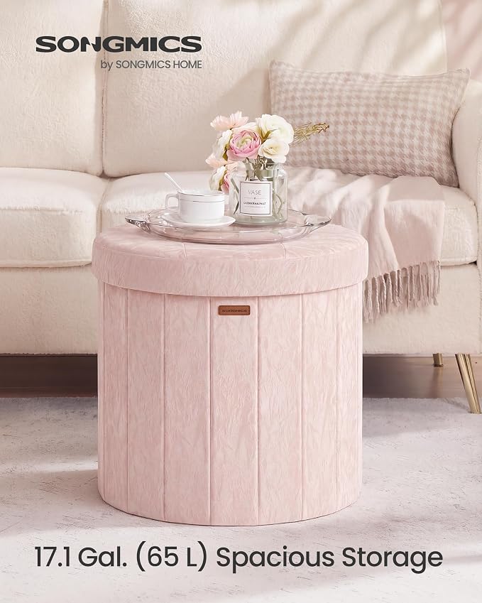 SONGMICS Mazie Collection - Round Storage Ottoman, Folding Footrest Stool with Removable Lid, Easy Assembly, PU Leather Vanity Stool for Bedroom, Living Room, Entryway, Jelly Pink ULSF609SA01