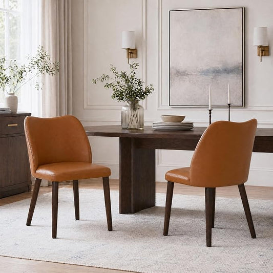 COLAMY Upholstered Dining Chairs Set of 2, PU Leather Dining Room Kitchen Side Chair with Padded Seat and Wood Legs Restaurant/Cafe,Light Brown