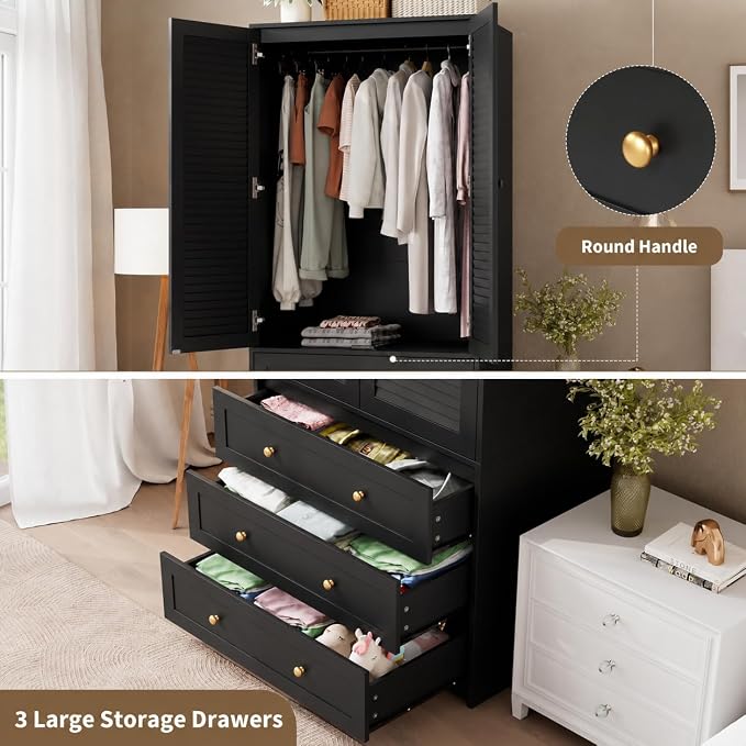 Garvee 70" Wardrobe Armoire Wooden Closet with 2 Doors and 3 Drawers, Bedroom Armoire with Hanging Rod Shelf, Large Capacity Storage Wardrobe Armoire, Freestanding Wooden Closet Storage Cabinet
