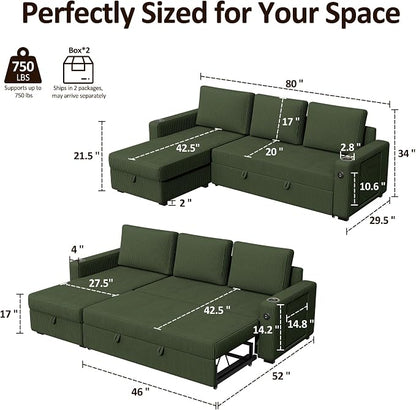 Ball & Cast 80" Sectional Sleeper Sofa Bed Pull Out Couches for Living Room | L Shaped Convertible Pull Out Sofa Bed with Storage Chaise, LED Lights, Foldable Table, USB Ports, Cup Holder and Side Pocket