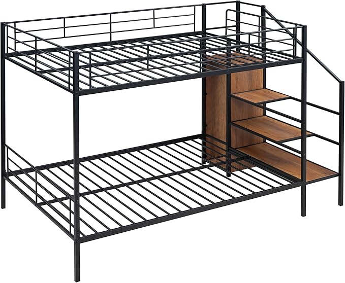 Bellemave Bunk Bed Full Over Full，Metal Bunk Bed with Storage Stairs and Wardrobe, Bunk beds for Adults/Kids/Teens, Black