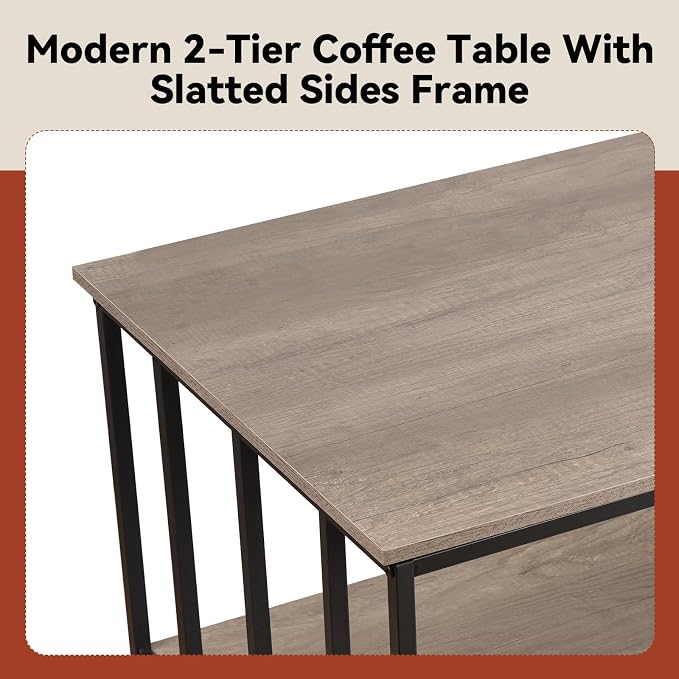 SENIG 2-Tier Coffee Table 39.4" with Slatted Sides Frame, Grey Oak | Industrial Wood and Metal Center Table for Home Office Kitchen 39.4" L x 21.7" W
