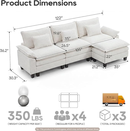 URRED Oversized Modular Sectional Sofa, 122" L Shaped Modern Comfy Cloud Couch with Movable Ottoman & Pillows, Deep Seat Couches for Living Room, Bedroom or Apartment (Corduroy Beige, 122" L Shaped)