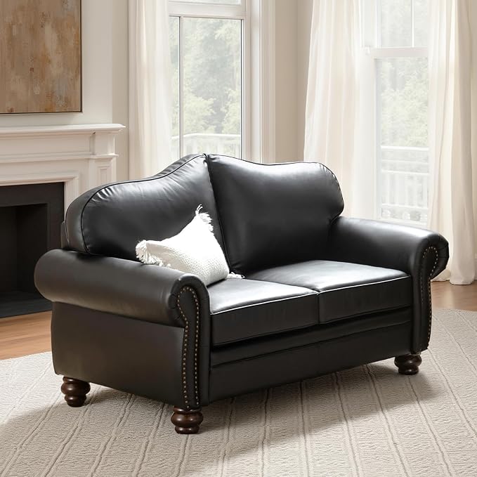 60" Wide Genuine Leather Chesterfield Loveseat, 2 Seat Leather Sofa with Rolled Arms, Nailhead Trim for Living Room Furniture, Easy Assembly – Black