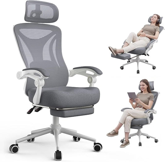 CYKOV Ergonomic Office Chair with Footrest - Adjustable Lumbar Support & Headrest, 90-135° Reclining Mesh Back Computer Chair - Home Office/Gaming, 350lbs Capacity