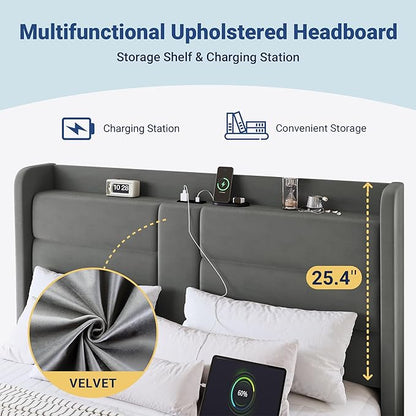Allewie Queen Size Platform Bed Frame with Charging Station & Storage Headboard, Upholstered Velvet Wingback Design & USB Port, Strong Wooden Slats Support, No Box Spring Needed, Easy Assembly, Grey