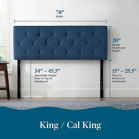 Lucid Mid-Rise Upholstered Headboard - Diamond Tufted - Padded Polyester - Adjustable Height from 34” to 46” - Easy Assembly - Bed Frame or Wall Mount - Sturdy - Cobalt - King / Cal King Size