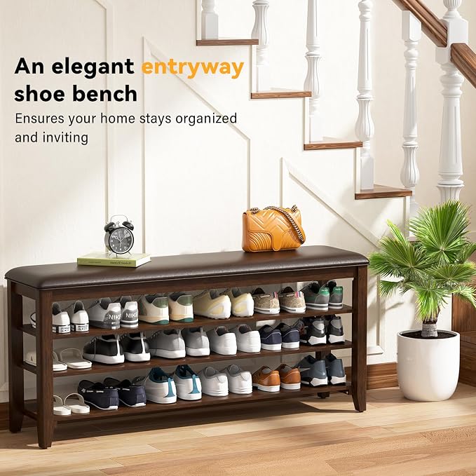 Taitiy Shoe Bench Storage Rubberwood with Leather Cushion for Entryway Bench Ideal for Hallways Shoe Rack Front Doors Entrances Mudrooms Featuring 3 Height-Adjustable and Removable Shelves