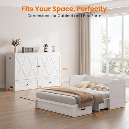 CECER Murphy Bed Queen with Mattress Included for Guest/Small Space-White | Built-in Multi-Port Charging Station ＆ Large Storage Drawer，Space Saving ＆ Easy Assemble and Conversion