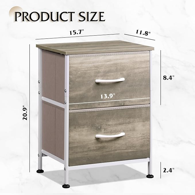 WLIVE Nightstand, 2 Drawer Dresser for Bedroom, Small Dresser with 2 Drawers, Bedside Furniture, Night Stand, End Table with Fabric Bins for Bedroom, Closet, College Dorm, Greige Oak