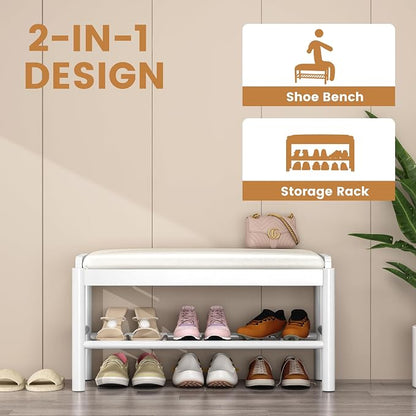 Entryway Shoe Storage Bench, 2-Tier Wood Shoe Rack with Cushion, Padded Seat Entryway Organizer with Shelf & Hidden Storage for Entry, Hallway, Living Room, Bedroom, Closet (White, 31.5")