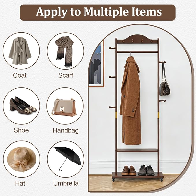 Solid Wood Clothing Rack with Wheels 2 Shelves Storage & 9 Hooks Heavy Duty Coat Rack Freestanding Clothes Rack Coat Tree Stand Hat Hanger Rack for Living Room Corner,835 Walnut