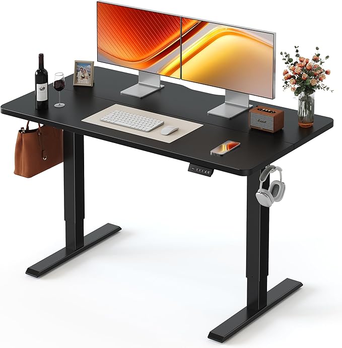 FEZIBO 55 x 24 Inchs Electric Standing Desk, Height Adjustable, Sit Stand Up, Computer Office Desk with Splice Board, Black Frame/Black Top