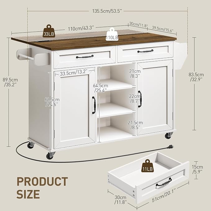 RALGEND Kitchen Island with Storage, Kitchen Rolling Island on Wheels with Power Outlet & Drop Leaf, Kitchen Island Cart with Drawer and Spice Rack, Mobile Island Table for Kitchen,White and Walnut