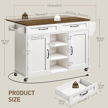 RALGEND Kitchen Island with Storage, Kitchen Rolling Island on Wheels with Power Outlet & Drop Leaf, Kitchen Island Cart with Drawer and Spice Rack, Mobile Island Table for Kitchen,White and Walnut