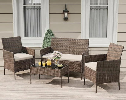 4 Piece Outdoor Patio Furniture Set, All-Weather Gray Wicker Rattan Conversation Set with Cushions, Loveseat, Chairs & Coffee Table for Porch, Backyard & Balcony