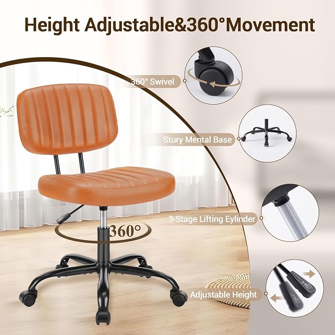 YSSOA Home Office Chair Desk Chair with Low Back and Wheels PU Leather Computer Chair Ergonomic Adjustable Height Comfy Chair Armless with Swivel Rolling Vanity Chairs for Bedroom Adult Brown