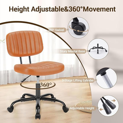 YSSOA Home Office Chair Desk Chair with Low Back and Wheels PU Leather Computer Chair Ergonomic Adjustable Height Comfy Chair Armless with Swivel Rolling Vanity Chairs for Bedroom Adult Brown