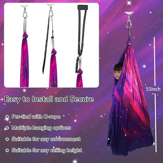 Sensory Swing for Kids Indoor & Outdoor Double Layer Therapy Cuddle Swing with 360° Swivel Hanger Kit Adjustable Swings for Child and Adult with Aspergers Autism (Galaxy Purple)