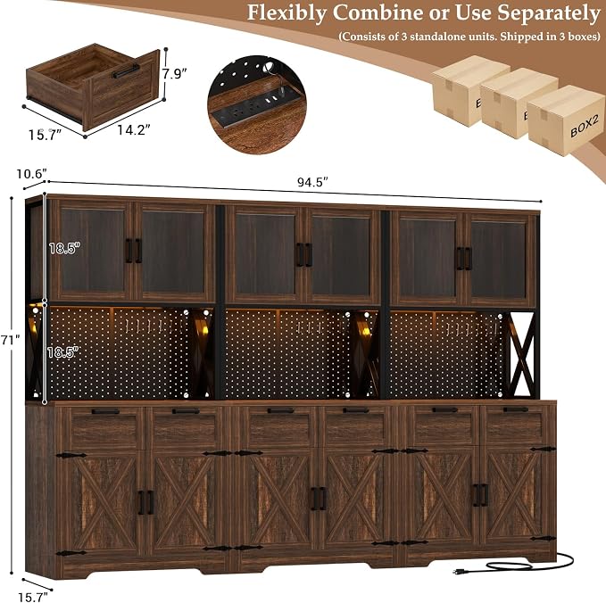 Unikito 94.5" Wide Kitchen Pantry Cabinet with 3 Power Outlets & LED Light, 71" Tall Large Kitchen Hutch with Countertop, DIY Pegboard with 18 Hooks & 6 Drawers, Farmhouse Food Pantry, Weathered Brown