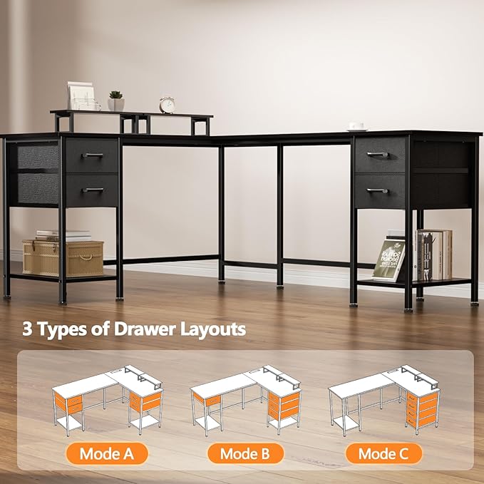 Korfile 66" L Shaped Computer Desk, 94.4'' Home Office Desk with Power Outlets, 4 Adjustable Storage Drawers & 2 Monitor Stands, Large Two Person Gaming Table for Writing Study, Black