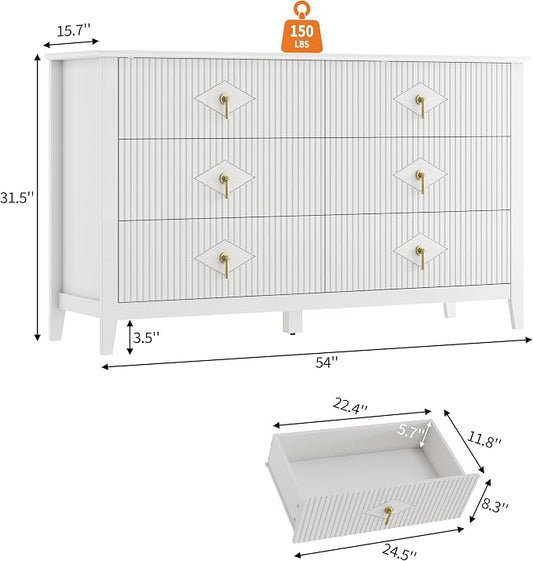 GarveeHome Fluted Dresser for Bedroom, 54 Inch Wide 6-Drawer Wood Dresser, Modern Chest of Drawers, Storage Organizer Cabinet for Living Room, Hallway, Entryway, White