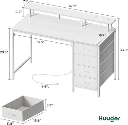 Huuger 47 Inch Computer Desk with Power Outlets and LED Lights, Gaming Desk with 4 Drawers, Office Desk with Monitor Stand, Study Work Home Office, Small Spaces, White