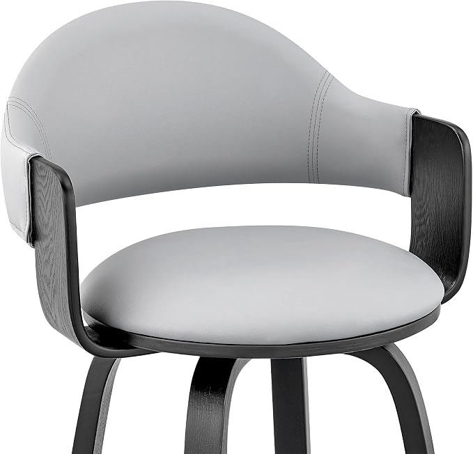 Armen Living Daxton Mid Century Modern Swivel Bar Stool for Kitchen Island Counter in Gray Faux Leather and Black Wood, 26" Seat Height