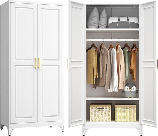 Metal Armoire Wardrobe Closet with 2 Doors, 71" Tall Wardrobe Closet with Doors, Hanging Rod, Drawers and Adjustable Shelves, White Clothing Storage Cabinets for Bedroom, Home Office