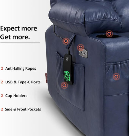 MCombo Dual Motor Power Lift Recliner Chair for Elderly, Lay Flat Lift Chair with Heat and Massage, Cup Holders, USB Ports, Faux Leather 7890 (Blue, Medium)