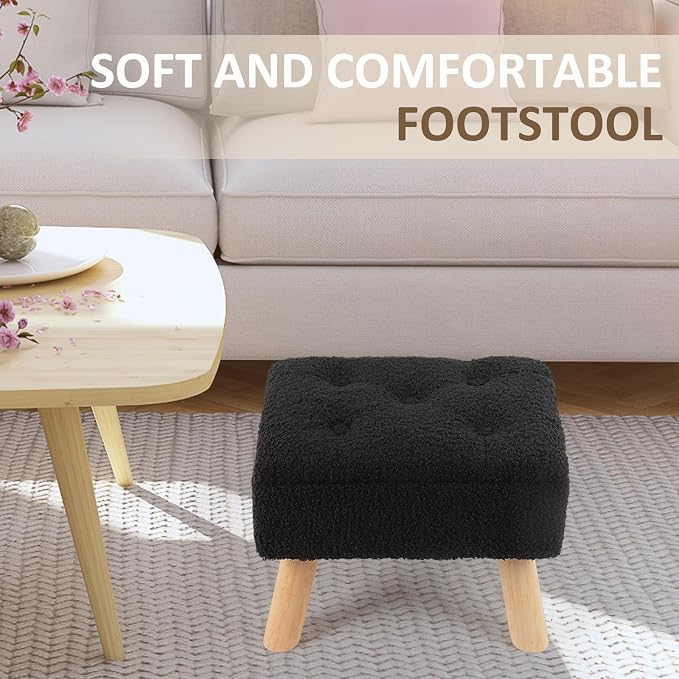 OGEMXU Storage Ottoman, Small Foot Stool Ottoman with Storage, Boucle Teddy Velvet Foot Rest with Padded Seat, Sturdy Wood Legs Stool for Living Room, Bedroom, Couch, Enterway (Black)