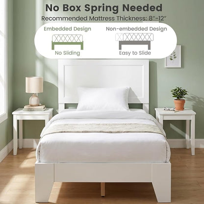 KOMFOTT Twin Size Bed Frame, Modern Platform Bed with Headboard, Wooden Slat Support Mattress Foundation, Under-Bed Storage Space, No Box Spring Needed (White,Twin)