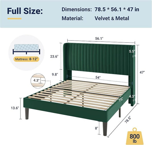 Allewie Full Size Bed Frame/Velvet Upholstered Platform Bed/Vertical Channel Tufted Wingback Headboard/Strong Wooden Slats/No Box Spring Needed/Easy Assembly/Green