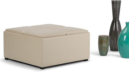 SIMPLIHOME Avalon Wide Contemporary Square Coffee Table Storage Ottoman, Satin Cream, Table Ottoman