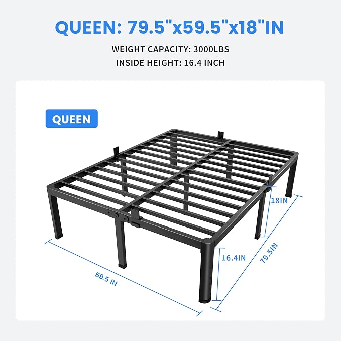 MAF 18 Inch Queen Bed Frames with Round Corner Legs Mattress Slide Stopper No Box Spring Needed Heavy Duty Metal Platform Bed Frame Under-Bed Storage Space, 3000 LBS Steel Slats Support
