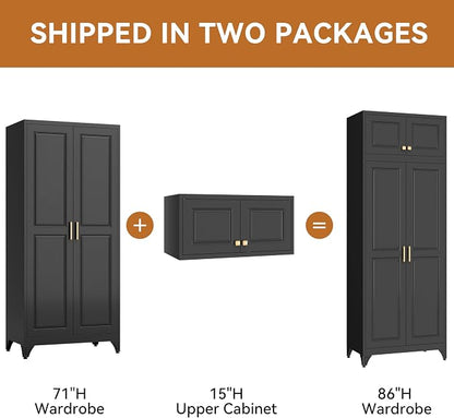 Polup Metal Armoire Closet, 86 Inch Tall Wardrobe Armoire with Hanging Rod, Wardrobe Closet for Clothes with Doors, 18" D x 32" W x 86" H,Black, Assemble Required, Shipped in Two Packages