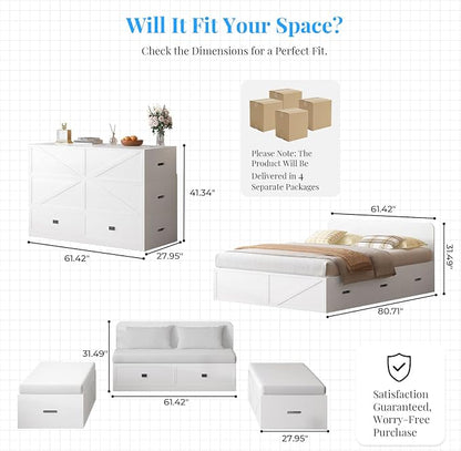 PUREMIND Murphy Bed Queen with Mattress Included, Wood Cabinet Bed with Dual Storage Drawers & 2 Pillows, 3-in-1 Convertible Sofa Beds for Small Space, Guest Room, Home Office, White