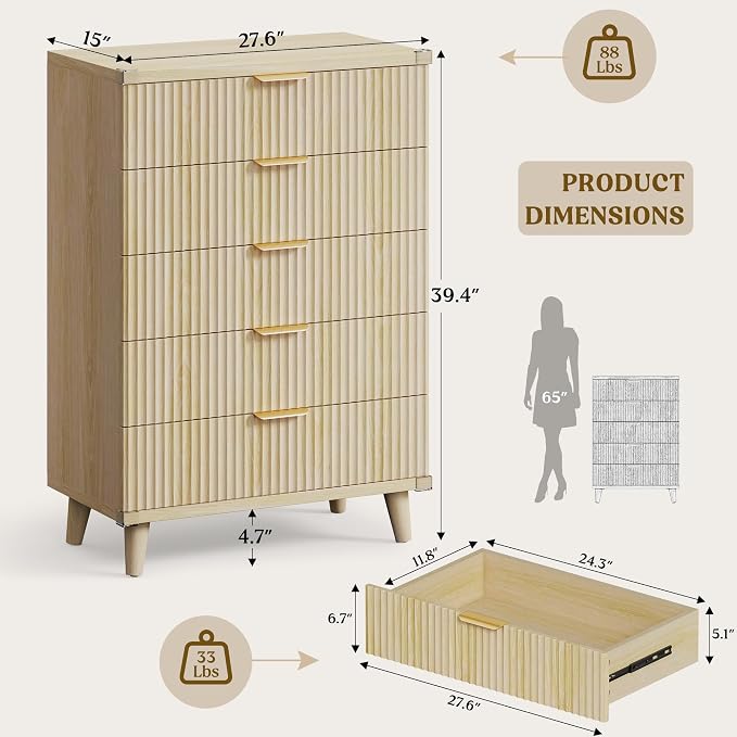 Lulive Modern Dresser and Nightstand Sets 3-Piece, 5-Drawer Dresser + 2 Nightstands Bedroom Sets with Solid Wood Legs (Natural Oak)