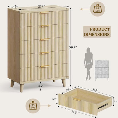 Lulive Modern Dresser and Nightstand Sets 3-Piece, 5-Drawer Dresser + 2 Nightstands Bedroom Sets with Solid Wood Legs (Natural Oak)