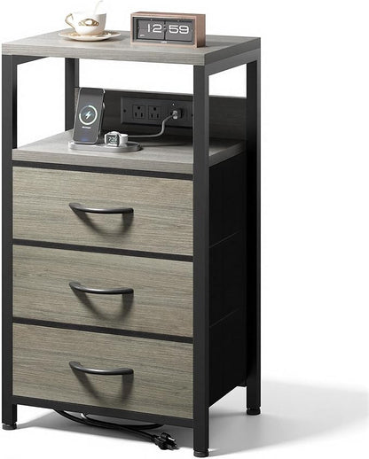 Lazzanto NightStand Bedside Charging Table Bedroom - Night Stand with Charger Station, Modern Nightstand with Open Shelf & 3 Fabric Drawers, End Table with USB-C USB Ports & AC Outlets for Dorm, Grey