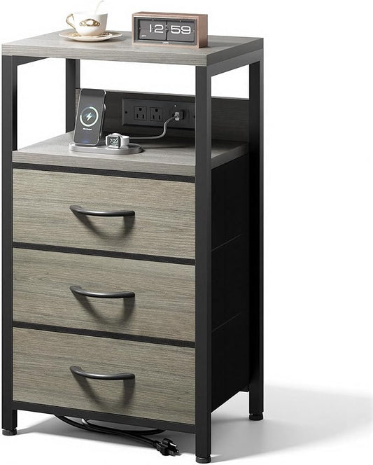 Lazzanto NightStand Bedside Charging Table Bedroom - Night Stand with Charger Station, Modern Nightstand with Open Shelf & 3 Fabric Drawers, End Table with USB-C USB Ports & AC Outlets for Dorm, Grey