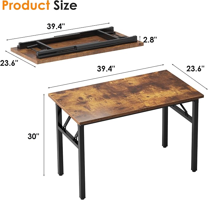 Need 39.4 Inch Folding Desk for Small Spaces, Home Office Computer Desk with Rustic Brown Tabletop & Black Metal Frame, Foldable Writing Table for Study, Bedroom, Dorm Room & Student