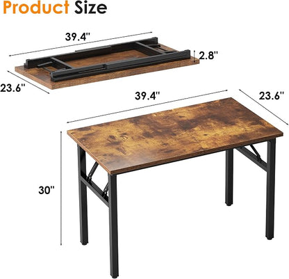 Need 39.4 Inch Folding Desk for Small Spaces, Home Office Computer Desk with Rustic Brown Tabletop & Black Metal Frame, Foldable Writing Table for Study, Bedroom, Dorm Room & Student