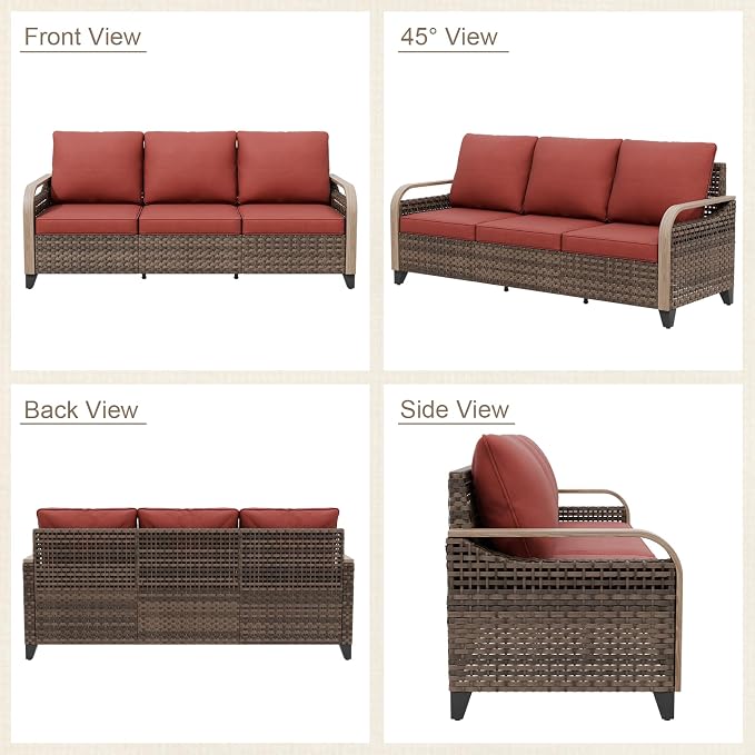 Modern Wicker Patio Sofa, Rattan Outdoor Couch for Small Balcony, 3 Seat Couch Furniture Set for Garden Deck Backyard, Brown/Red
