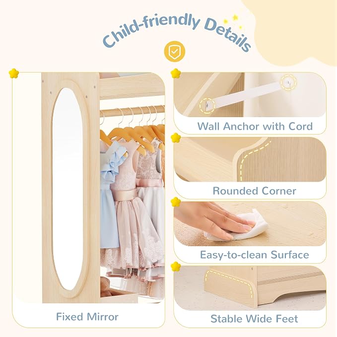 Curipeer Kids Dress up Storage with Mirror, Kids Wardrobe with Storage & 3 Hooks, Kids Closet for Girls Boys, Kids Costume Organizer, Open Hanging Armoire Wardrobe Closet for Bedroom, Natural