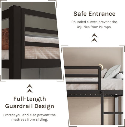 Bunk Bed Twin Over Twin, Heavy Duty Metal Bunkbeds with Full-Length Guardrail, Space-Saving Steel Bed for Kids & Adults, No Box Spring Required, Rustic Brown